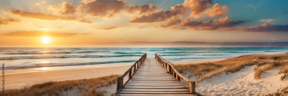 Beautiful panoramic sunset beach landscape with wooden path nature banner poster background backdrop from Generative AI