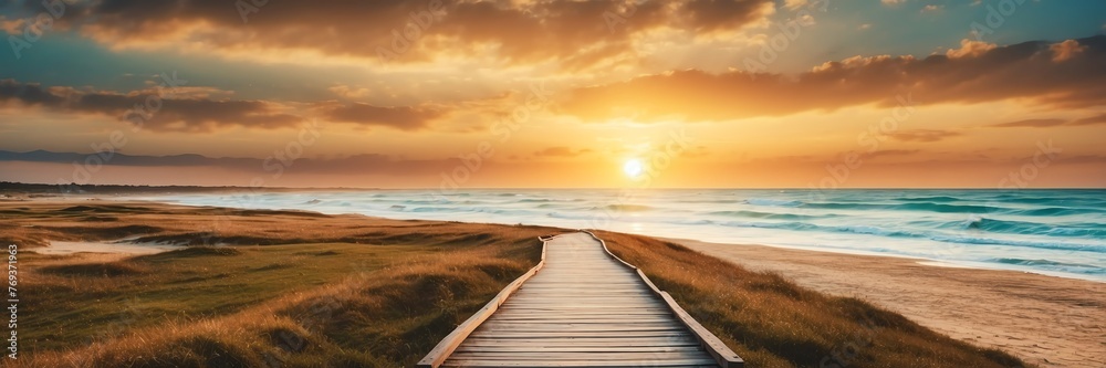 Beautiful panoramic sunset coastal landscape with wooden path nature banner poster background backdrop from Generative AI