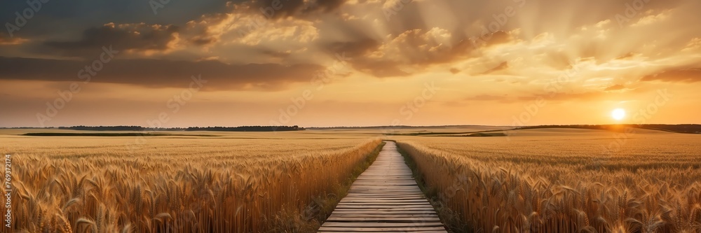 Beautiful panoramic sunset wheat field landscape with wooden path nature banner poster background backdrop from Generative AI