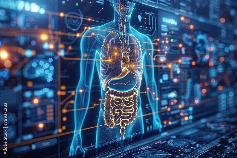 3D Illustration : Human digestive system anatomy on blue color medical background - obrazy, fototapety, plakaty 