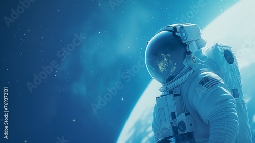 Astronaut in outer space with the earth behind him, banner for Cosmonautics Day in minimalism with copy space for text, blue color. Science and technology concept.