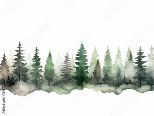 Panoramic Watercolor Tree Line of Cedar on White Background in Dark Green and Light Gray Style Generative AI