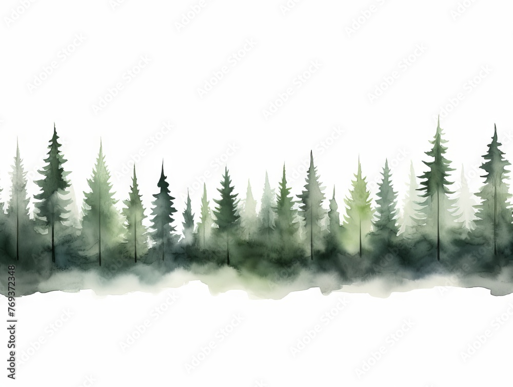 Cypress Tree Line Watercolor in Dark Green and Light Gray Style on White Background Generative AI