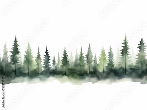 Cypress Tree Line Watercolor in Dark Green and Light Gray Style on White Background Generative AI