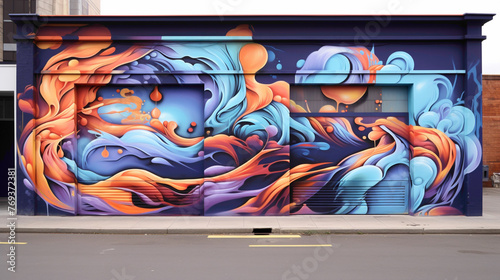 A street art mural pulsating with life and movement, featuring bold graffiti-style lettering and dynamic abstract shapes that breathe new life into the city streets.