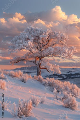 A painting depicting a lone tree standing tall in a snowy landscape, branches laden with white, glistening snow against a serene backdrop.