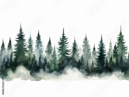 Panoramic Watercolor Fir Tree Line on White Background in Dark Green and Light Gray Christmas Punk Style Generative AI