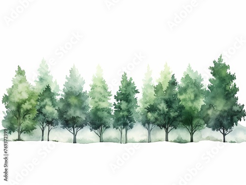 Watercolor Tree Line: Hackberry in Dark Green and Light Gray Style on White Background Generative AI photo