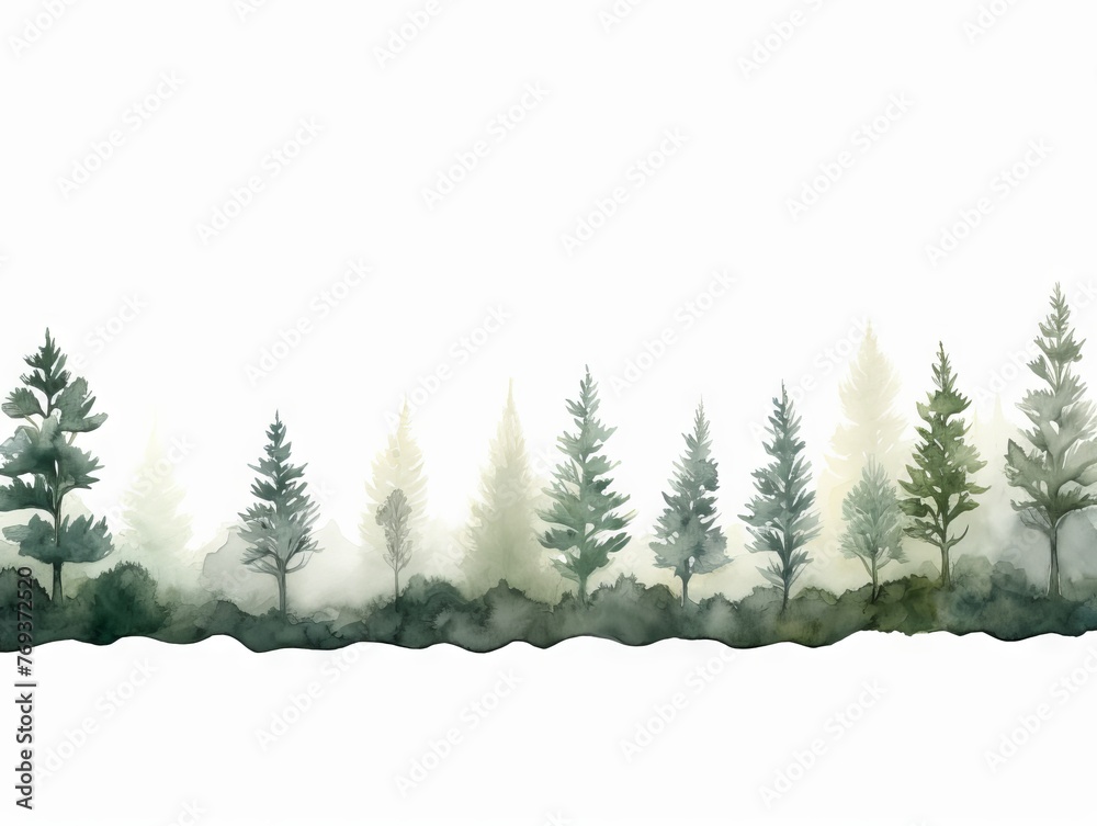 Watercolor Tree Line of Mimosa on White Background with Dark Green and Light Gray Xmaspunk Style Generative AI