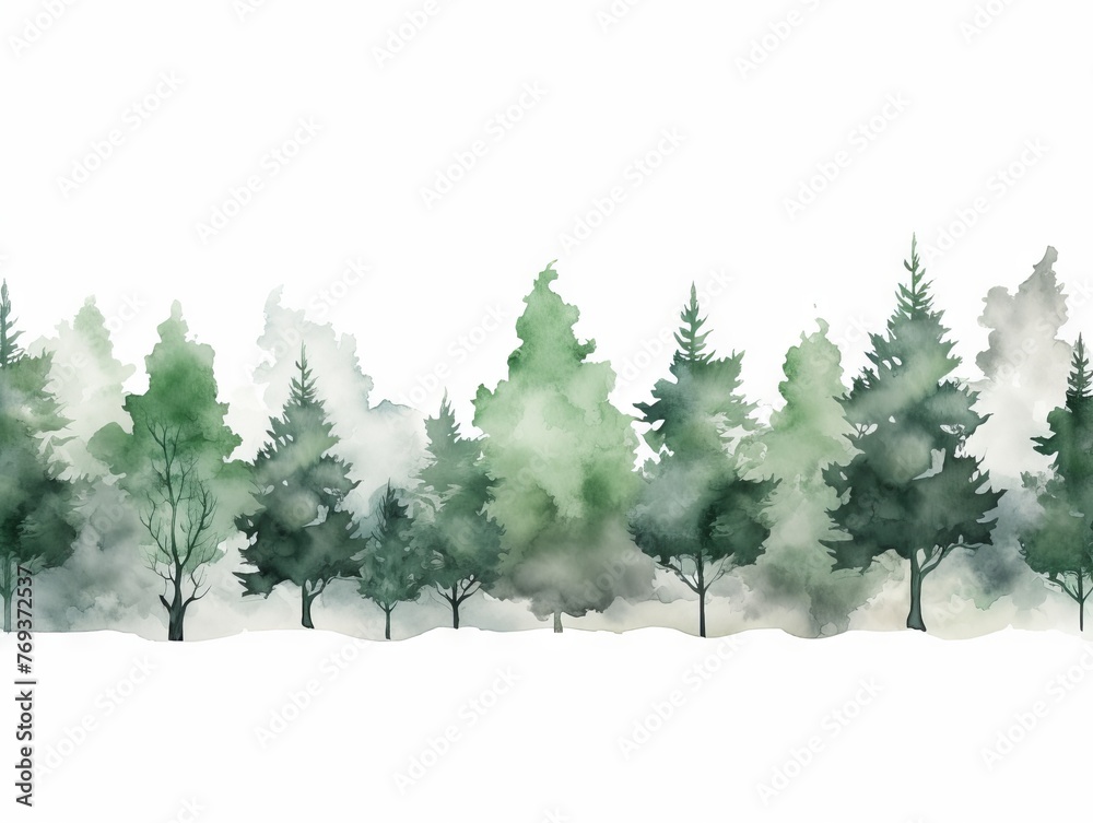 Watercolor Tree Line: Neem Series on White in Dark Green and Light Gray by Xmaspunk Generative AI