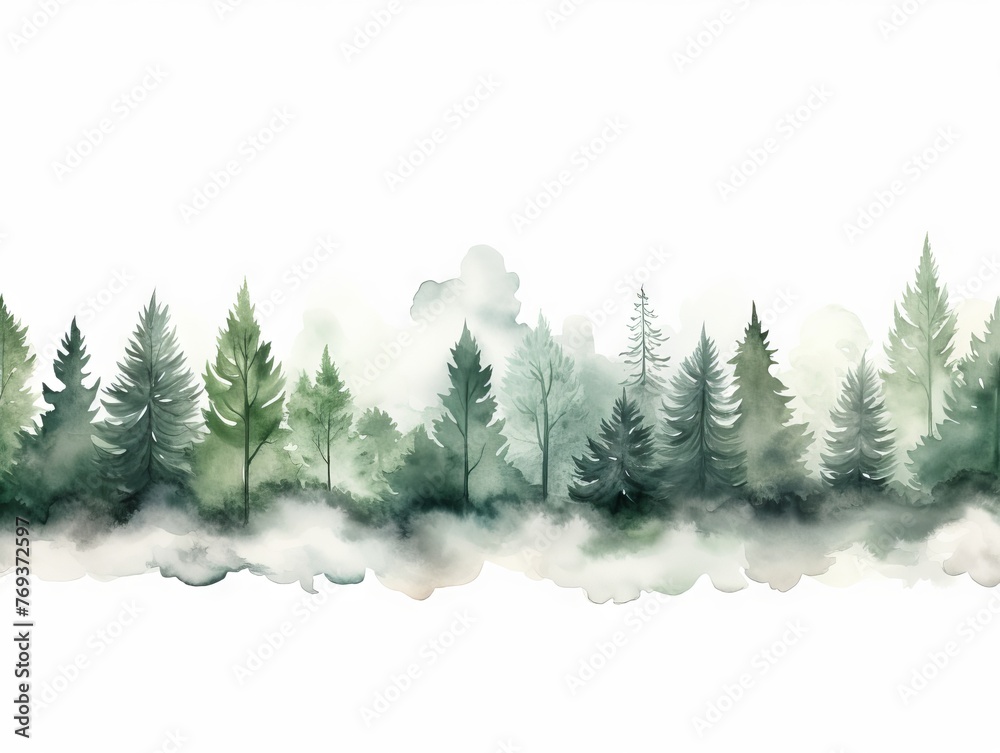 Watercolor Tree Line on White Background with Dark Green and Light Gray Tones in Xmaspunk Style Generative AI