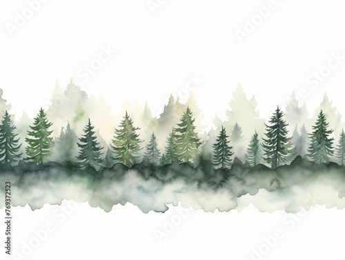 Watercolor Tree Line of Mountain Ash on White Background in Dark Green and Light Gray Style - Xmaspunk Panorama Generative AI