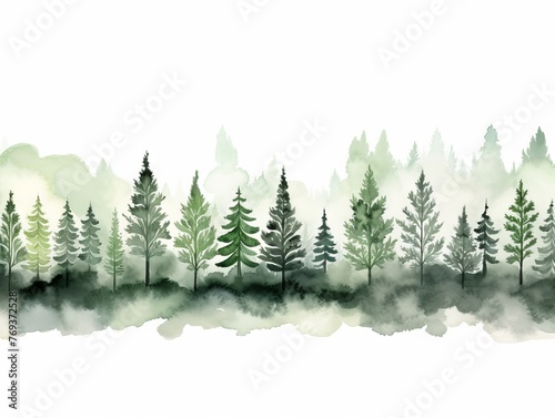 Watercolor Tree Line of Mountain Ash on White Background in Dark Green and Light Gray Style - Xmaspunk Panorama Generative AI photo