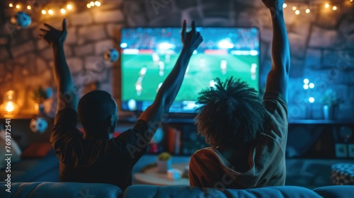 A group of fans enjoying a soccer match on a couch, captivated by the television, football TV experiencing the fun and entertainment of the world favorite sport. AIG41 © Summit Art Creations