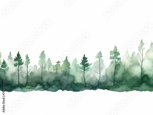 Watercolor Tree Line of Mulberry on White Background in Dark Green and Light Gray Style Generative AI photo