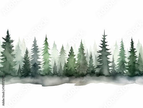 Norway Spruce Tree Line Watercolor in Dark Green and Light Gray Christmas Punk Style Generative AI
