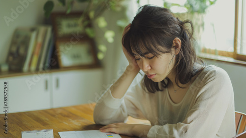 大人の女性がダイニングテーブルで頭を抱えて悩んでいる