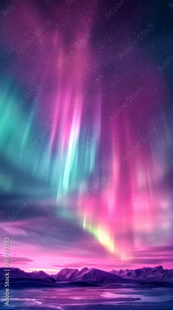 A stunning backdrop of vibrant aurora borealis lights in berry colors dancing across the sky, background, wallpaper