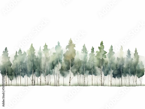 Quaking Aspen Tree Line Watercolor in Dark Green and Light Gray Christmas Punk Style Generative AI