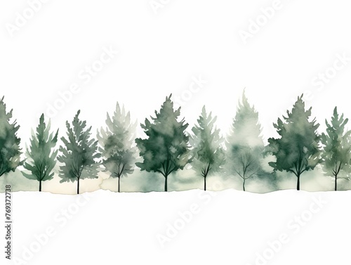 Watercolor Tree Line: Rowan Tree Panorama with Dark Green and Light Gray Holiday Aesthetics Generative AI photo