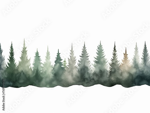 Panoramic Winter Spruce Watercolor Tree Line on White Background - Dark Green and Light Gray Xmaspunk Style Generative AI photo