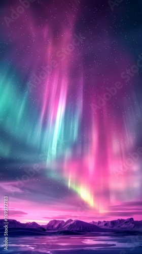 A stunning backdrop of vibrant aurora borealis lights in berry colors dancing across the sky, background, wallpaper © keystoker