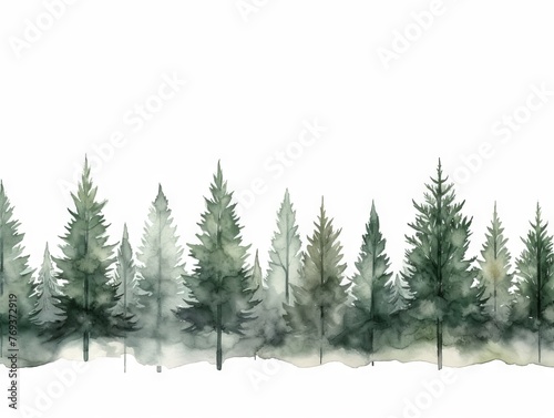 Panoramic Watercolor Tree Line with Acacia in Dark Green and Light Gray Style Generative AI photo