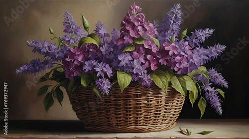 A painting featuring a basket filled with vibrant purple flowers in a realistic style .Generative AI 