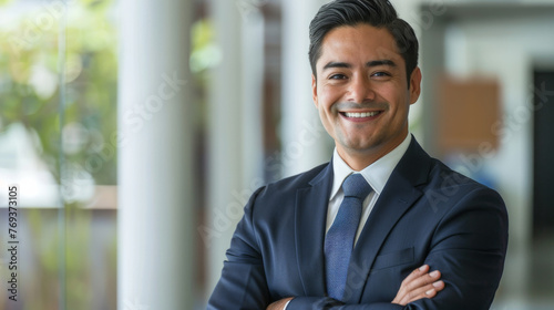 Smiling elegant confident young professional Latino hispanic business man , male proud leader, smart Latin businessman lawyer or company manager executive looking at camera standing in office photo