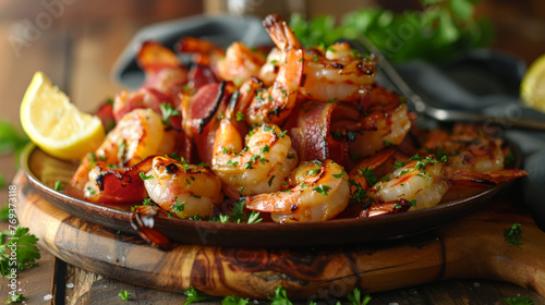 Fresh grilled shrimp delicately placed on a bed of greens with lemon wedges on a wooden plate photo