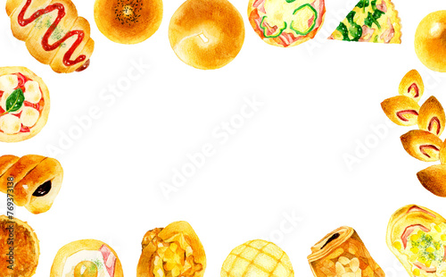 色々な種類のパンのフレーム 食べ物・料理の手描き水彩イラスト背景素材