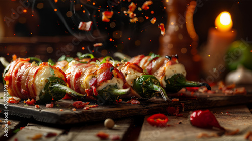 Fiery jalapeños stuffed with cheese and wrapped in bacon with sparks flying in close-up photo