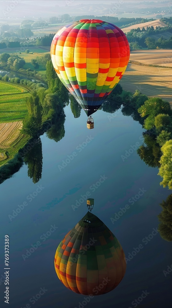 Fototapeta premium A brightly colored hot air balloon soaring high above a patchwork of farmland, its reflection visible in a tranquil river below ,