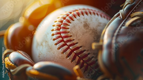 Baseball in glove, closeup, ready to play, bright field light, sports passion, detailed texture photo