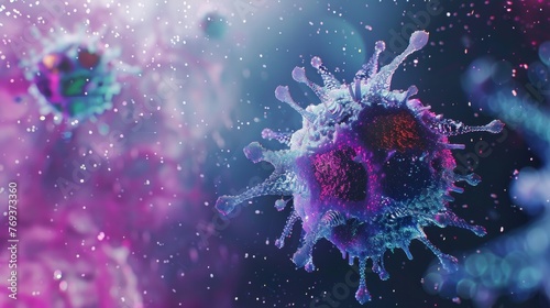 Close-up digital representation of a virus particle with glowing and iridescent colors against a blurred background.