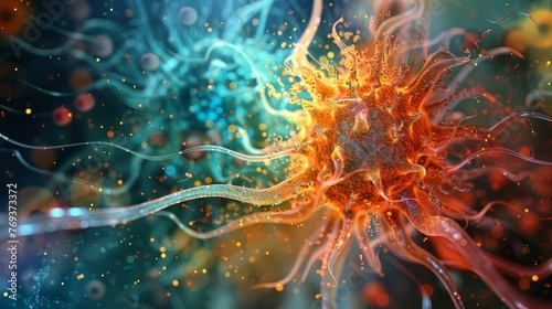Digital art rendering of a neuron synapse with vivid colors and dynamic textures, representing neural activity. © doraclub