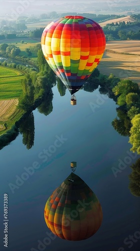 A brightly colored hot air balloon soaring high above a patchwork of farmland, its reflection visible in a tranquil river below ,