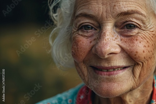 Senior woman with freckles and wrinlkes photo
