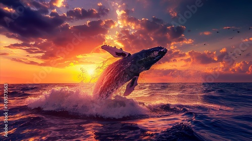 Whale breach, ocean horizon, sunset, majestic nature, dynamic splash, vibrant silhouette © Pakorn
