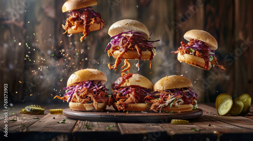 Dynamic image capturing a pulled pork burger with colorful coleslaw topping falling through the air, presented on a wooden surface