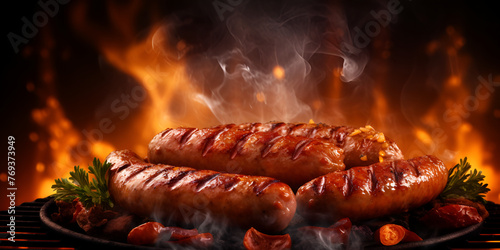 Appetitive sausage on the flaming grill delicious crisp sagrilled usages with dark background 