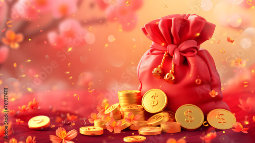 Money chinese year new bag red coin gift china gold lucky 3d background happy cny lunar. Spring money ingot chinese year envelope golden asian festival pouch good luck sack cloud korea illustration