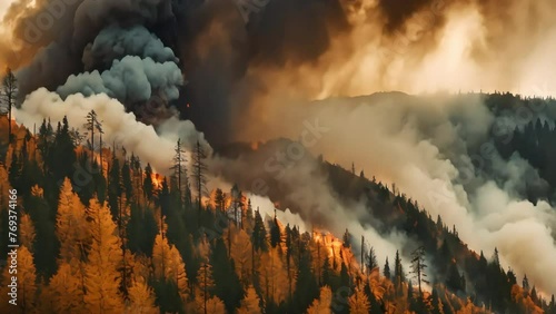 Large forest fire burns the tree covered side of a mountain, footage, 4k footage, videos photo