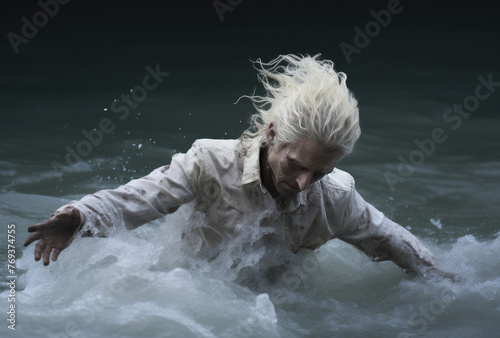 White hair old man jumps into water with joy by a lake. photo