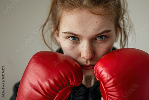 A focused young woman with boxing gloves up, showing determination and strength.