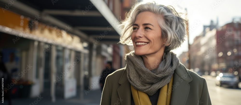 Fototapeta premium A womans face is lit up with a joyful smile as she strolls down the city street, passing by buildings and houses. Her eyes reflect happiness and excitement as she travels through the urban landscape