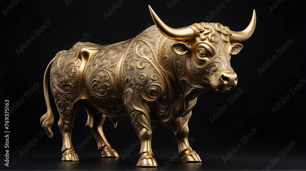 Gold bull statue on plain black background facing forward from Generative AI
