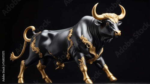 Gold bull statue on plain black background facing forward from Generative AI