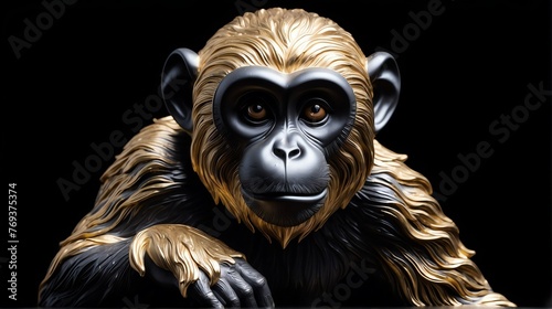 Gold monkey statue on plain black background facing forward from Generative AI