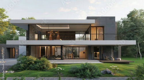 A realistic depiction of a contemporary luxury residence boasting a stylish balcony and a manicured garden, where the architecture seamlessly blends with the natural surroundings.  © Aqsa